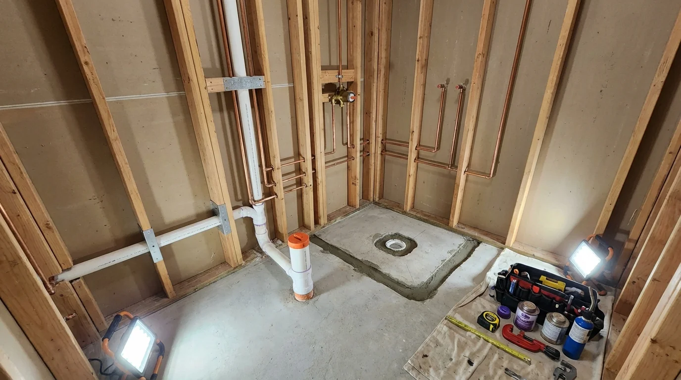 Bathroom rough-in plumbing during remodel by Johns Plumbing LLC in Newport
