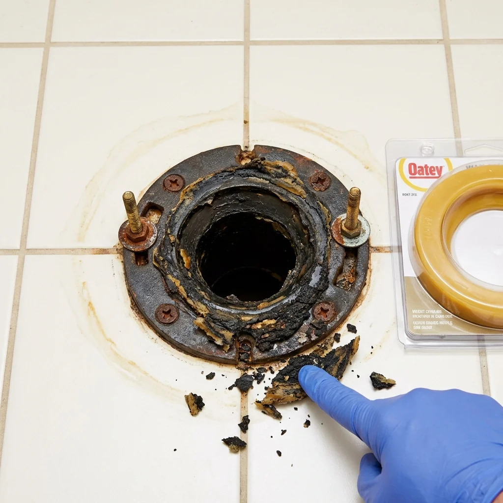 Failed wax ring showing water seepage at the base of a toilet in a Newport, ME home