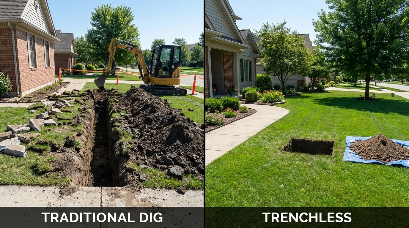 Trenchless sewer repair with minimal yard damage versus traditional excavation in Newport, ME